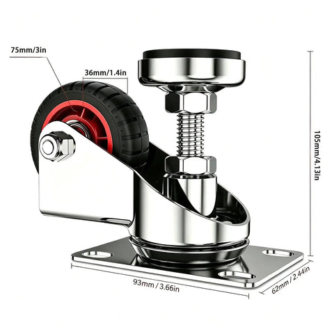 Heavy Duty 3 Inch Leveling Caster Wheels Set Of 4 Rated For 1600 Lbs showcasing a chrome swivel wheel with rubber tire and measurements.