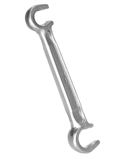 Heavy Duty Valve Wheel Wrench With Dual Ends For Eleven Sixteenths And One Inch Sizes, steel construction, easy grip, angled view