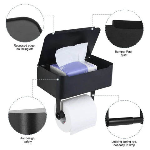 Toilet Paper Holder With Shelf In Matte Black SUS304 Stainless Steel Wall Mounted Or Adhesive Tissue Storage Large Bathroom Organizer For Rolls And Wipes Dispenser Modern Rustproof Bathroom Accessory showing recessed edge, bumper pad, and arc design.