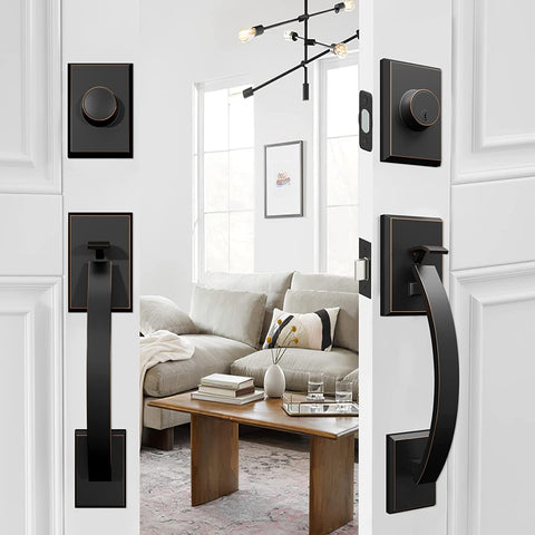 Front Door Lock Set With Double Door Handle And Dummy Exterior Lock Oil Rubbed Bronze Zinc Alloy Universal Reversible Design