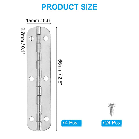 Smooth Like Butter Small Piano Hinge Kit For Jewelry Boxes, Solid Iron Continuous Hinges In Polished Silver, Includes Every Necessary Bolt, Zero Friction Swing, Totally Built Tough For Daily Grind, Woodcraft Staple, 65mm size with fastener screws.