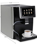 Super Automatic Espresso Maker Bean To Cup Coffee Machine One Touch Milk Frother Single Button Brew Eleven Custom Drinks Legit Top Shelf Smooth Operator Silver Edition For Home Office displayed with a cup.