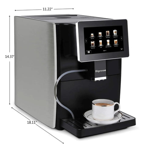 Super Automatic Espresso Maker Bean To Cup Coffee Machine One Touch Milk Frother Single Button Brew Eleven Custom Drinks Legit Top Shelf Smooth Operator Silver Edition For Home Office displayed with a cup.