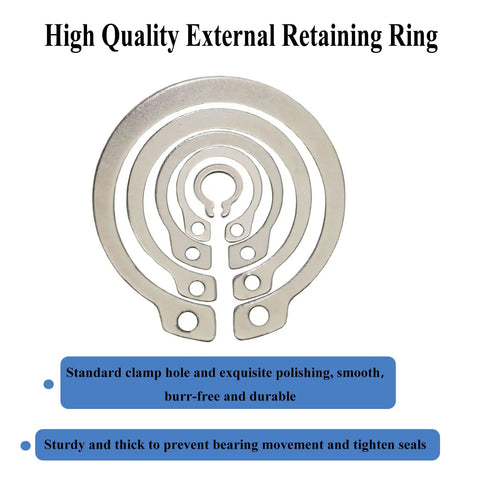 325 Pieces 304 Stainless Steel External C Clips Circlips Retaining Snap Ring Assortment Set For Shafts Cylinders Valves Machinery And DIY Enthusiasts Pro Grade Outdoor Projects, shown in graduated sizes with text emphasizing durability and smoothness.