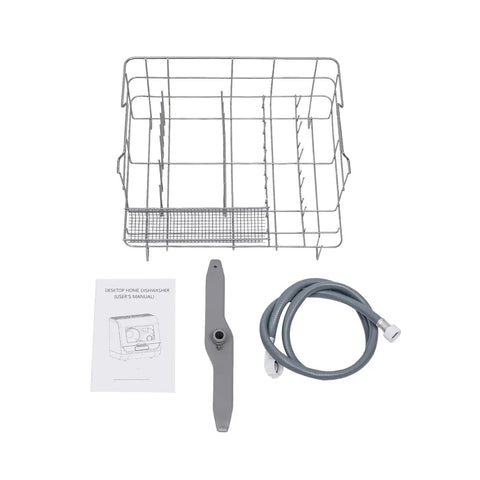 Compact Countertop Dishwasher With Four Wash Cycles Optimized For Small Kitchens Delivering Zero Stress Cleaning And Slick Efficiency Without Eating Counter Space Or Ruining Your Daily Grind - detachable rack, hose, and user manual components