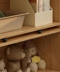 Close-up of Modern 4 Tier Floor Standing Book Shelf With Flip Lid Glass Door Dope Solid Wood Storage Rack showing wooden shelves.