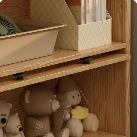 Close-up of Modern 4 Tier Floor Standing Book Shelf With Flip Lid Glass Door Dope Solid Wood Storage Rack showing wooden shelves.