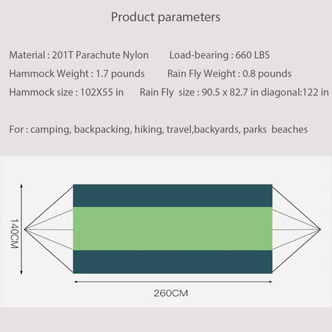 Diagram of Camping Hammock With Mosquito Net And Rain Fly For Outdoor Adventures dimensions and materials.