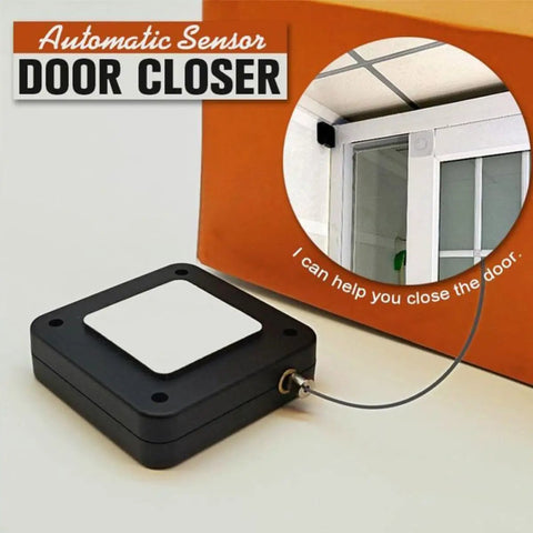 Automatic Retractable Door Closer Set Two Pack, Black ABS Plastic with cable, shown installed on white door