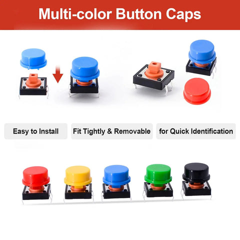 80 Piece Tactile Push Button Switch Kit With 4 Pin Momentary SMD PCB Tact Switches And 5 Color Button Caps displayed on white