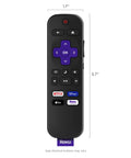 Replacement TV Remote For Roku TV Models Only With No Fuss Setup And Pre Set App Shortcuts Official Manufacturer Quality Remote Not For Roku Players Only, black design with Netflix and Disney+ buttons, dimensions 1.7" x 5.7".