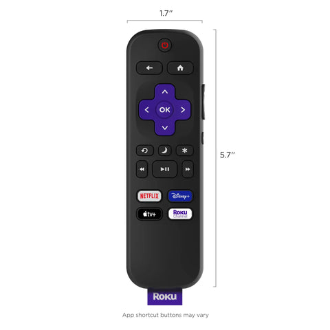 Replacement TV Remote For Roku TV Models Only With No Fuss Setup And Pre Set App Shortcuts Official Manufacturer Quality Remote Not For Roku Players Only, black design with Netflix and Disney+ buttons, dimensions 1.7" x 5.7".