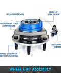 Front view of Set of 2 Front Wheel Hub and Bearing Assemblies, 5-Lug ABS, Fits 2006-2011 Buick Lucerne, 2005 Chevy Uplander 2WD with key features labeled