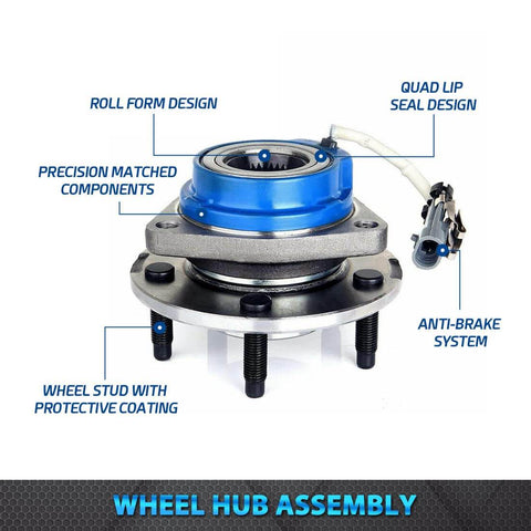 Front view of Set of 2 Front Wheel Hub and Bearing Assemblies, 5-Lug ABS, Fits 2006-2011 Buick Lucerne, 2005 Chevy Uplander 2WD with key features labeled