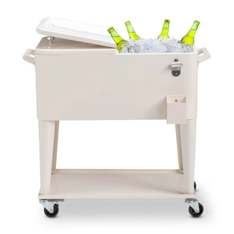 80 Quart Rolling Ice Chest Cooler Cart For Patio Parties Party Ready Stand Up Beverage Trolley With Shelf Beige Finish Keeps Drinks Cold For 24 Hours And Warm For 8 Hours Holds 100 Or More Cans