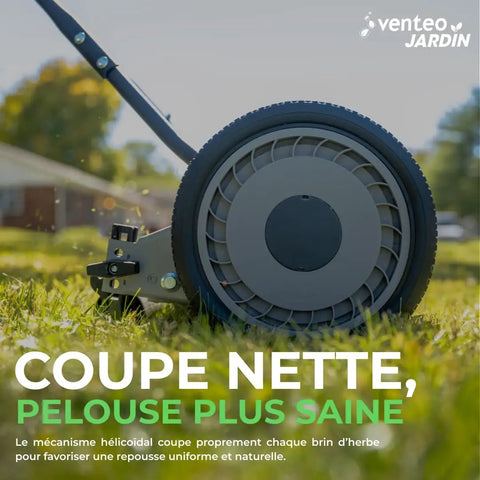 Close-up of 18-Inch Push Reel Lawn Mower With 5 Blades, Heat-Treated Alloy Steel Blades, Scissor-Cut Action on grass