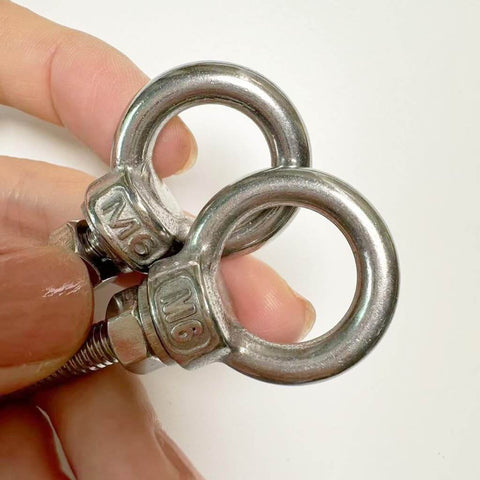 Close-up of 5 Piece 304 Stainless Steel Eye Bolts Set With Nuts And Flat Washers, M6 Shoulder Eyebolts for Heavy Duty Lifting
