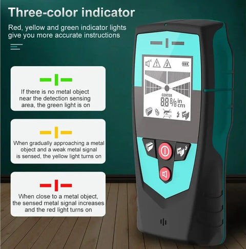 Handheld Workhorse Wall Scanner Combined With Precision Metal Detector Featuring High Contrast LCD Screen showing three-color indicator lights.