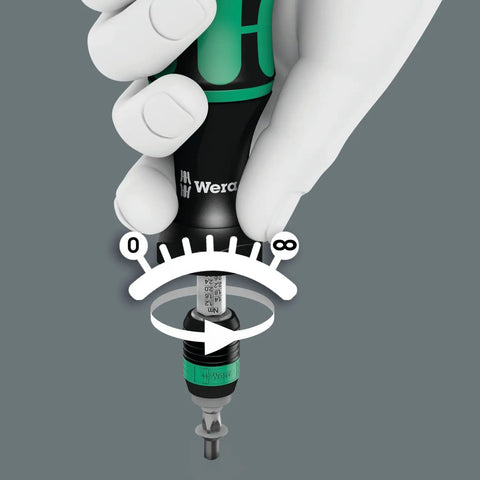 Kraftform 7445 Hex Torque Screwdriver with One Hand Quick Release Chuck and Ergonomic Grip in use, torque range details visible.