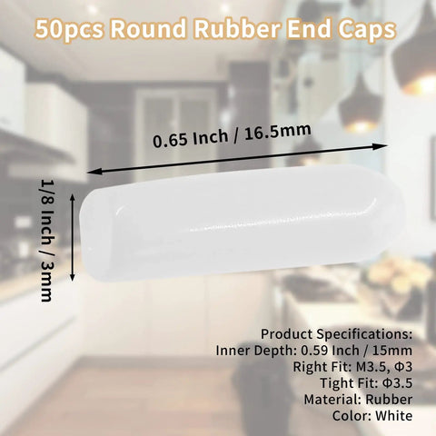 Fifty Pack White Rubber Screw Thread End Caps For Top Notch Floor Protection And Furniture Leg Safeguards With One Eighth Inch Inner Diameter, showing dimensions and material.