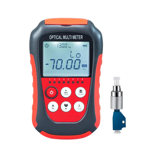 Front view of 4-In-1 Optical Power Meter, Visual Fault Locator and RJ45 Tester for fiber optic network maintenance with adapter.