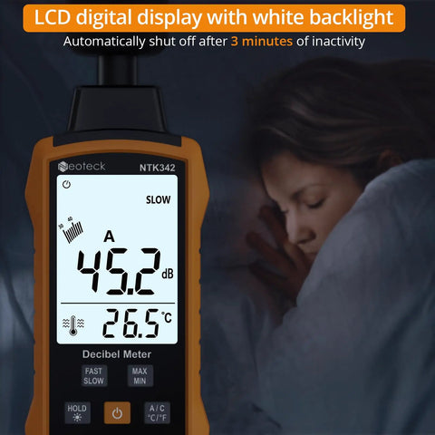 Compact Decibel Meter With A And C Weighting For Real World Noise Readings, 30 To 130 dB Digital Sound Level Meter For Environmental, Industrial, And Studio Use. LCD display with white backlight, 45.2 dB reading