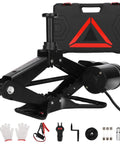Electric Scissor Car Jack Kit 3 Ton 12V Portable Auto Lift With Seventeen Point Seven Inch Lift Range For SUV And Sedan Tire Change And Roadside Emergency One Button Lift For Fast Easy Lifts, shown with accessories and carrying case.