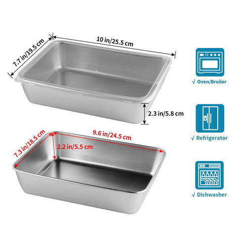 Stackable 4 Pack Stainless Steel Food Containers with Clear Lids 68oz, dimensions shown in inches and centimeters