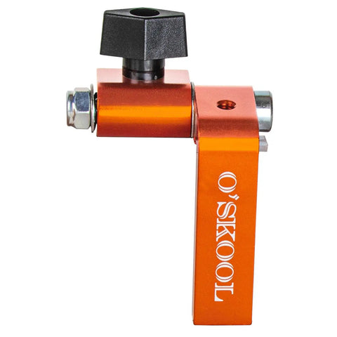 Side view of an orange Two And A Quarter Inch T Track Flip Stop With Pro Grade Adjustable Fence Repeater And Indexing Cursor