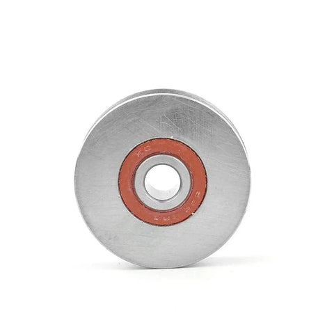 Heavy Duty Deep V Groove Sliding Gate Rollers With Slick Glide Action And Tight Track Fit For Smooth Operation 60 Degree Angular Design 8mm Bearing Bore 40mm Diameter Rustproof Hardware Set showing a metal roller with 8mm bore.