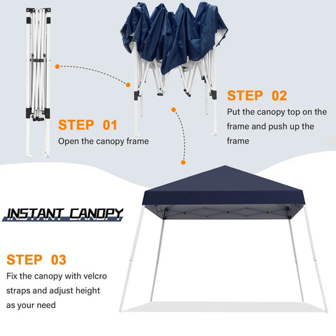 Steps to set up Fast Pop Up Canopy Tent 10x10 Ft With Slant Legs, Instant Setup In A Snap, includes blue cover and carrying bag.