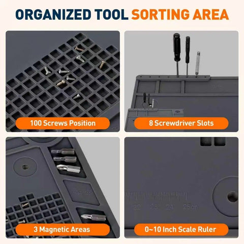 Helping Hands Soldering Station With Silicone Mat showing organized tool sorting area with screws positions, slots, and ruler.