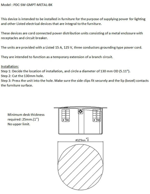 Installation guide for Power Tap Grommet With Hidden Center For Desk Setup; diagram with cutout and shim details