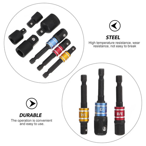 Heavy Duty Seven Piece Steel Socket Adapter Kit Featuring Rock Hard Finish and Lightning Fast Ratchet Wrench Converter, showing durable steel adapters.