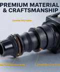 Close-up of Heavy Duty Two Pack 3/8 Fuel Line Quick Connectors made of durable PA12 nylon with leak-tight seals.