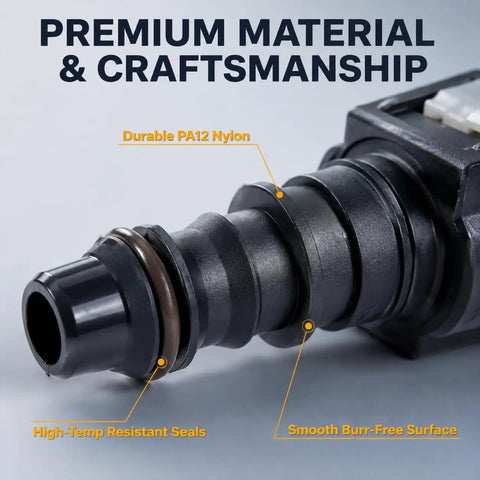 Close-up of Heavy Duty Two Pack 3/8 Fuel Line Quick Connectors made of durable PA12 nylon with leak-tight seals.