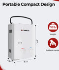 Portable Propane Water Heater And Pump Kit For Off Grid Camping And RVs, Instant Hot Water With Tankless Gas Shower System, 1.32 GPM, Includes 12V Pump, Long Power Cables And Extension Hoses, AY132P43 White with foldable handle and compact design.