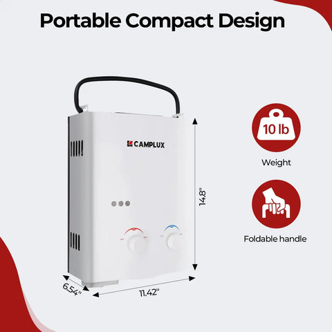 Portable Propane Water Heater And Pump Kit For Off Grid Camping And RVs, Instant Hot Water With Tankless Gas Shower System, 1.32 GPM, Includes 12V Pump, Long Power Cables And Extension Hoses, AY132P43 White with foldable handle and compact design.
