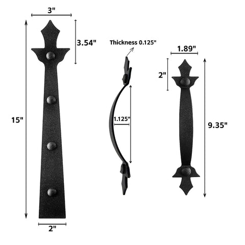 Magnetic Decorative Garage Door Hardware Set With 4 Faux Hinges And 2 Handles In Black Finish for easy installation, dimensions shown