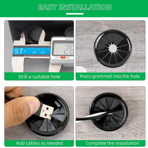 Easy installation steps for 4 Pack Desk Cable Grommets 63mm Petal Buckle Nylon Snap Bushing For Cables And Wires Management.