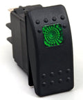12V 20A Waterproof LED Rocker Switch for Boats Marine Grade SPST 3 Pin On Off with Green LED Indicator, close-up view.