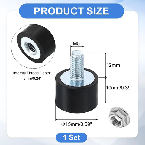 M5 Rubber Mount Isolator 15x10mm Cylindrical Anti Vibration Dampener With Lock Nuts For Auto Bobbin Generator And Air Compressor Setups Zinc Plated M5 Thread Size For Easy Fit And Secure Lock Nuts.
