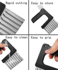 Amazon crinkle-cutting knife; stainless-steel wavy blade close-up for vegetables.
Amazon crinkle-cutter; black ergonomic handle with stainless blade side view.
Amazon crinkle-cutting knife; being rinsed under water to show easy to clean.
Amazon crinkle-cutter; black handle gripped for secure use.