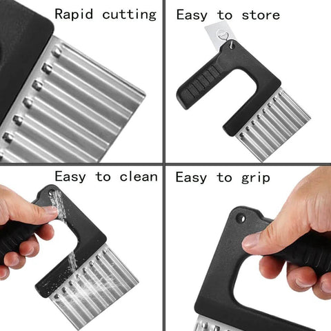 Amazon crinkle-cutting knife; stainless-steel wavy blade close-up for vegetables.
Amazon crinkle-cutter; black ergonomic handle with stainless blade side view.
Amazon crinkle-cutting knife; being rinsed under water to show easy to clean.
Amazon crinkle-cutter; black handle gripped for secure use.