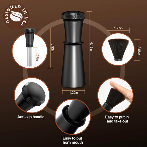 WDT Espresso Distribution Tool With Built In Cleaning Brush 0.35mm 10 Needle Distributor Plus Extra 10 Needles Aluminum Handle With Stand For Barista For Consistent Espresso Shots black with brush and dimensions