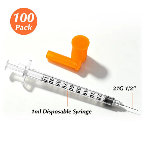 Bulk 100 Pack 1 mL Lab Syringes With 27 Gauge One Half Inch Needles, Individually Sealed For Sterile Use, No Fuss Dosing, Clear Measurement Scale For Precise Dosing, Leak Proof Plunger Design, Great For Labs, Demos, Small Projects, 1 mL syringe with 27G 1/2 inch needle