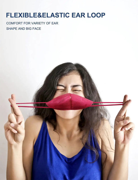 Woman stretching red mask from KN95 Face Mask 30 Pack Individually Wrapped 5 Ply Breathable Dust Shield with elastic ear loops.