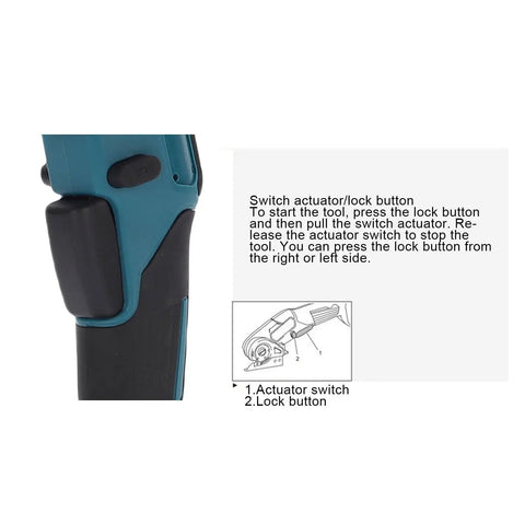 Leftwei 4V Cordless Electric Scissors Rechargeable Power Shears close-up of switch actuator and lock button for safe use