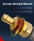 Close-up of engine coolant temperature sensor (ECT) with brass body and red O-ring, screw-thread mount.
