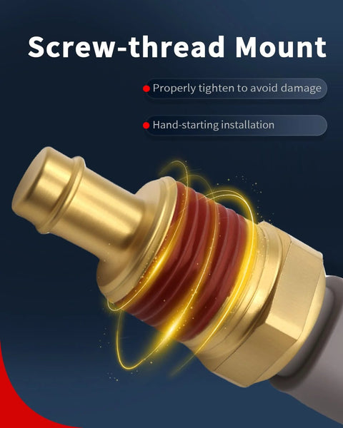 Close-up of engine coolant temperature sensor (ECT) with brass body and red O-ring, screw-thread mount.